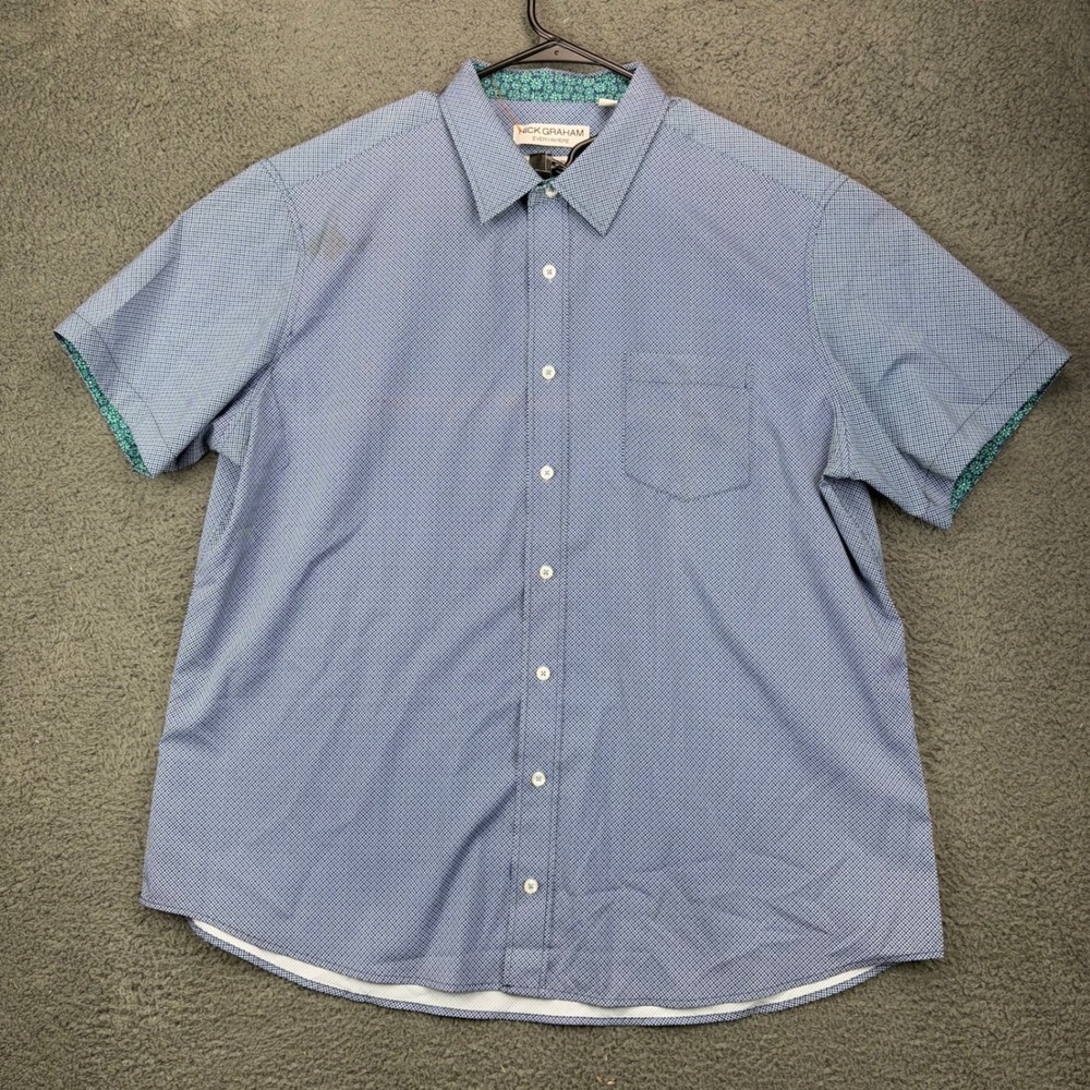 Nick Graham Everywhere Mens 2XL Blue Geometric Print Short‎ Sleeve Button Down